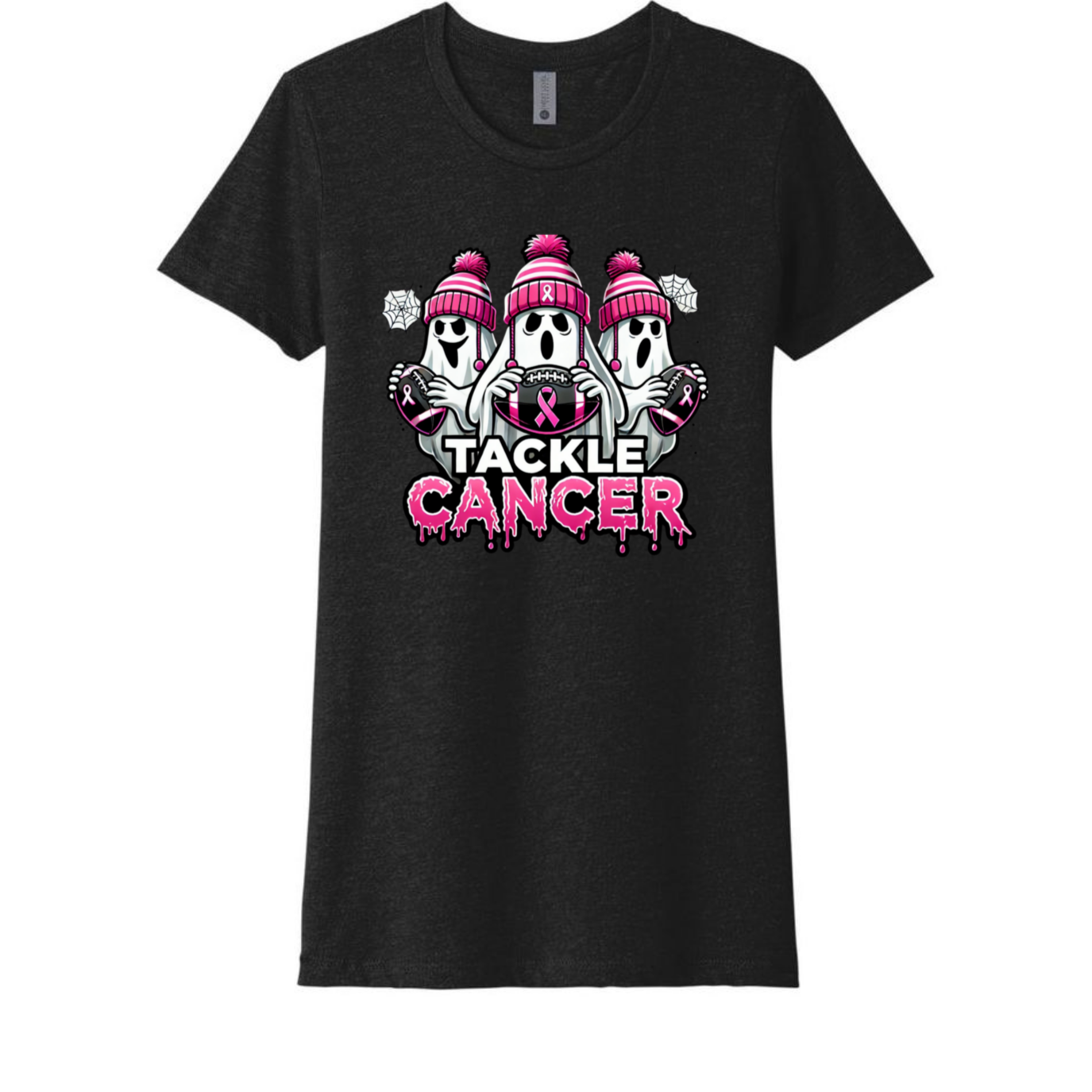 Pink October Cancer Awareness Halloween football  Tee – Breast Cancer Ribbon Graphic, Soft Cotton, womens Fit